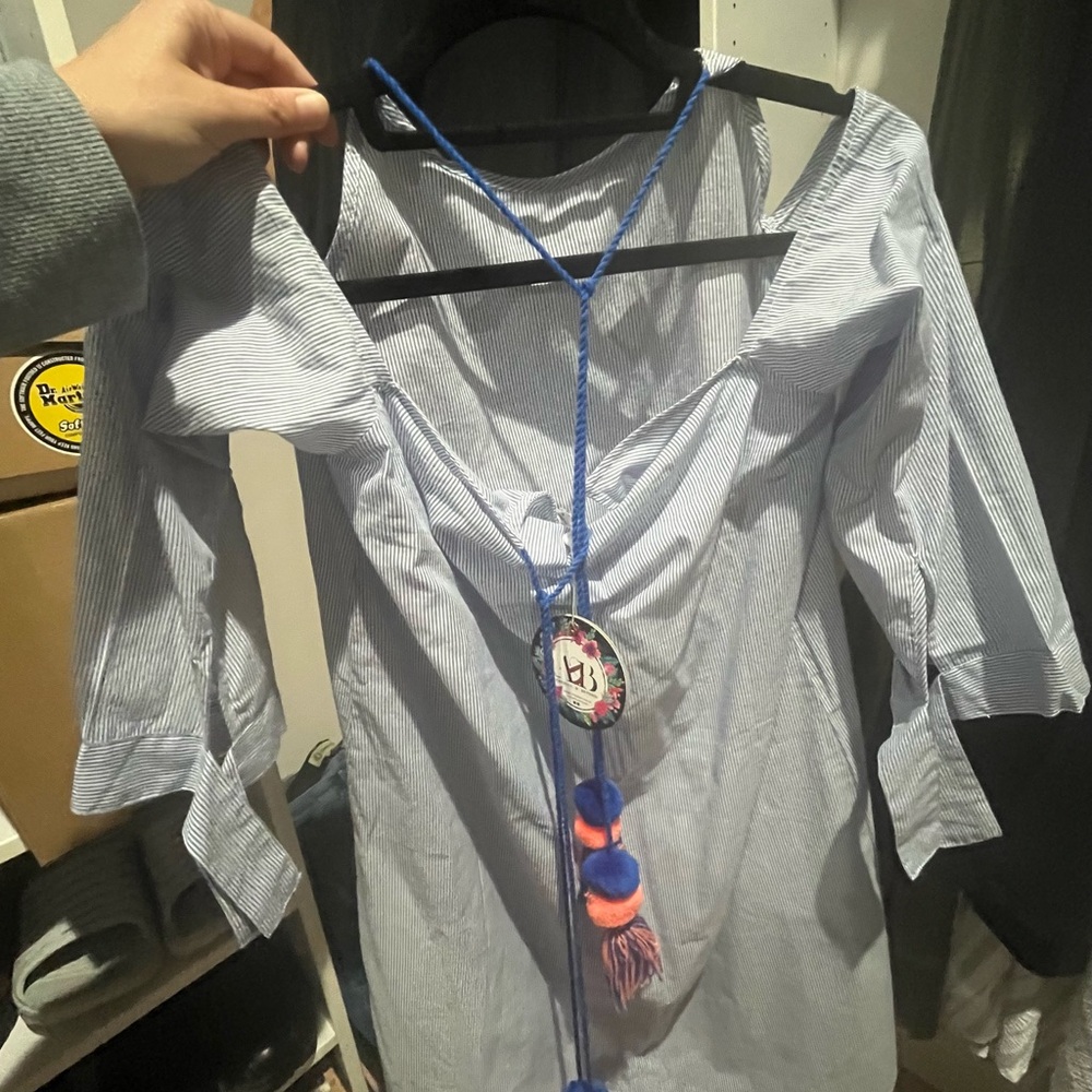 Striped Blue Blouse with Pom Pom Necklace